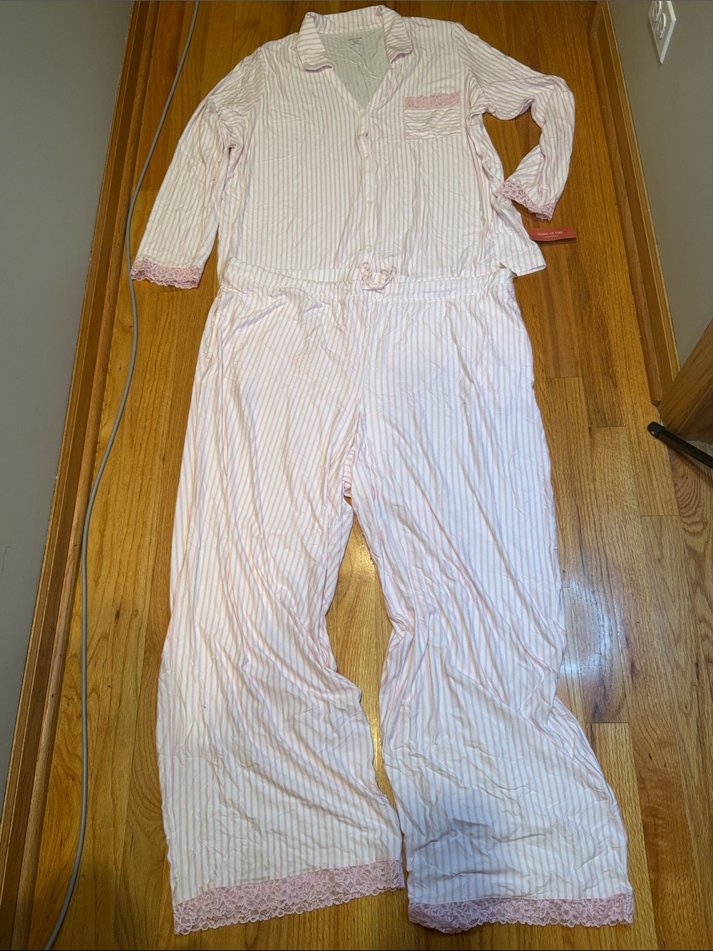 State of Day Women's XXL 2XL Striped Pink Lace-Trim Tencel Modal Pajama Set